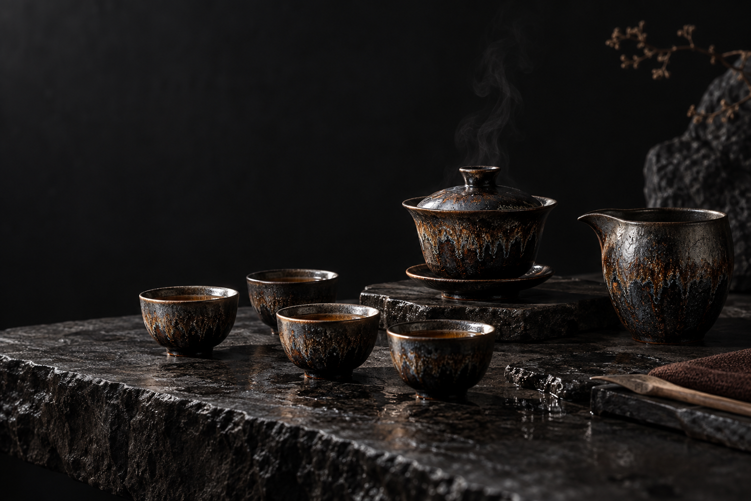 Coordinated dark kiln-varied gaiwan, pitcher and tea cups