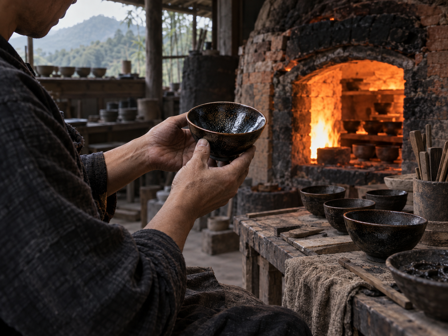 An artisan holding a tea bowl in the warm light of a kiln