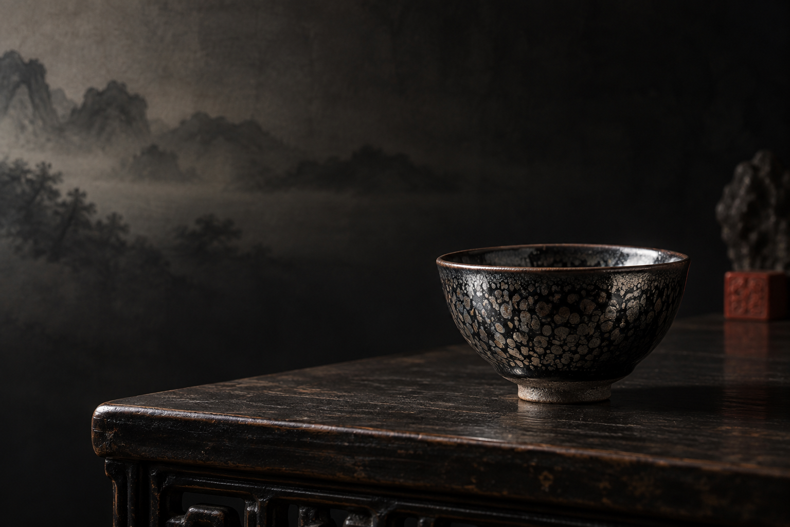 An oil-spot Jian bowl on a dark table against an ink-wash mountain landscape